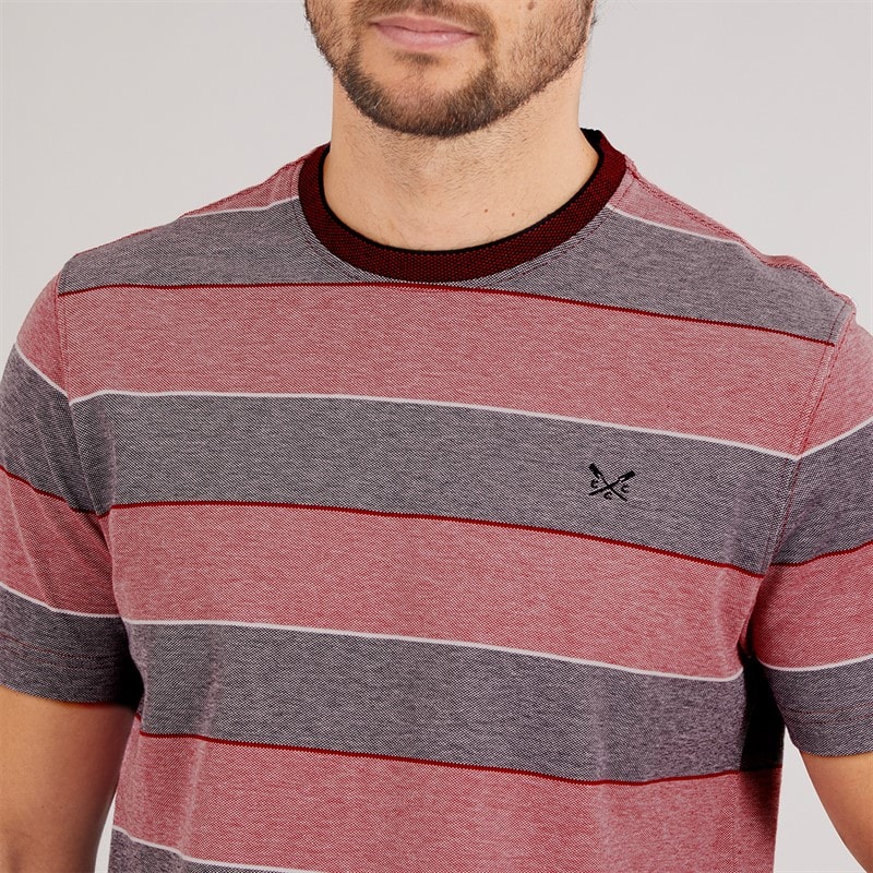 Crew Clothing Mens Oxford Stripe T-Shirt Heritage White/Crimson - Image 3
