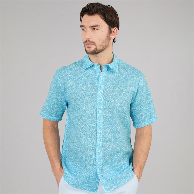 Crew Clothing Mens Short Sleeve Leaf Print Linen Shirt River Blue/Heritage White