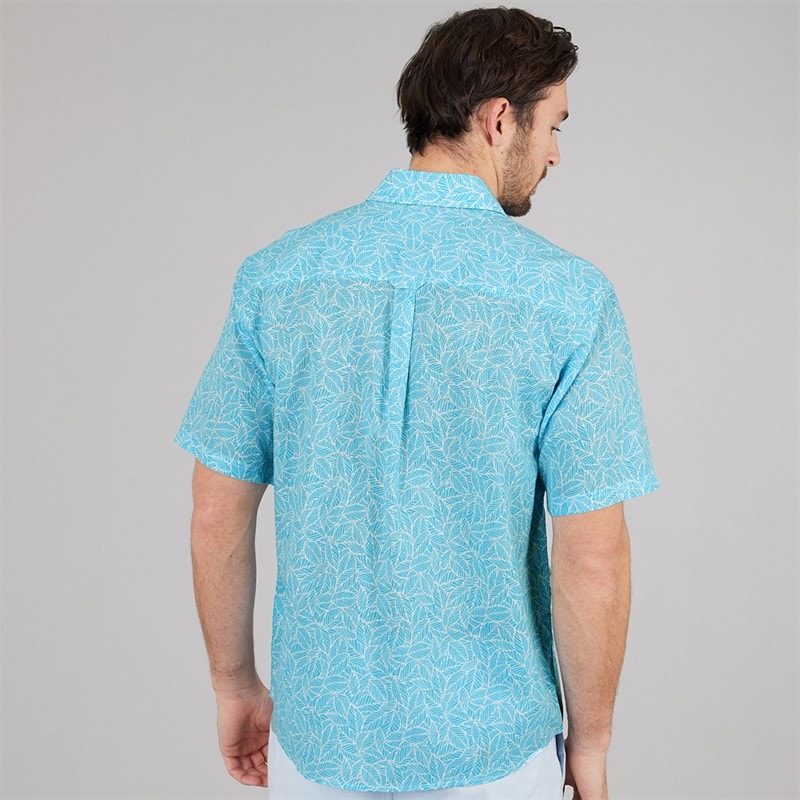 Crew Clothing Mens Short Sleeve Leaf Print Linen Shirt River Blue/Heritage White - Image 2