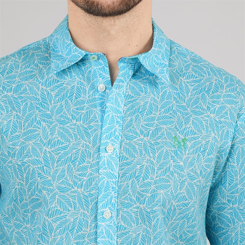 Crew Clothing Mens Short Sleeve Leaf Print Linen Shirt River Blue/Heritage White - Image 3
