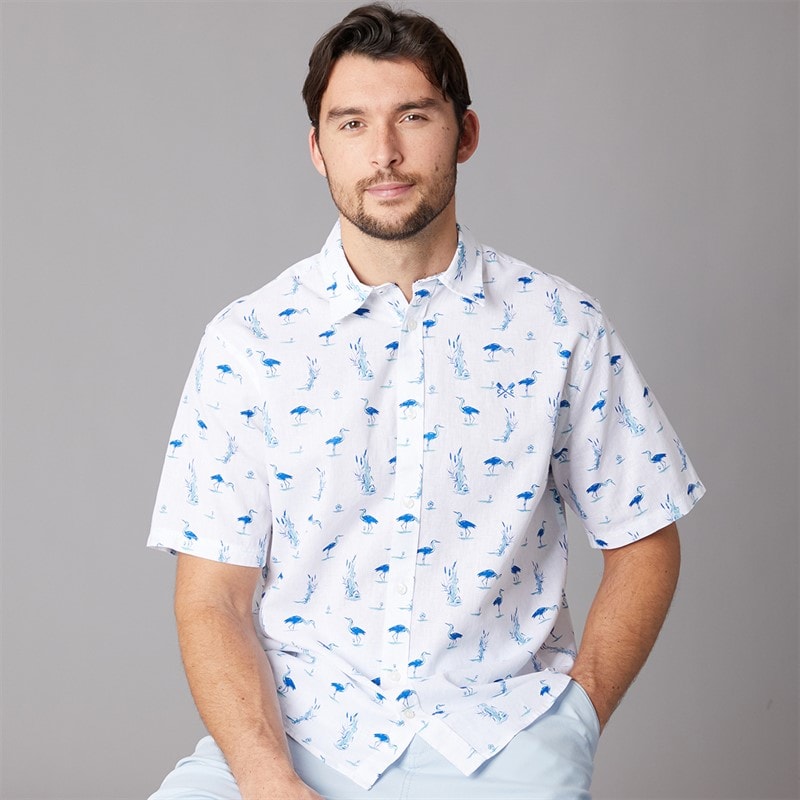 Crew Clothing Mens Short Sleeve Heron Print Linen Shirt Heritage White
