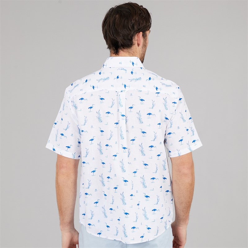 Crew Clothing Mens Short Sleeve Heron Print Linen Shirt Heritage White - Image 2