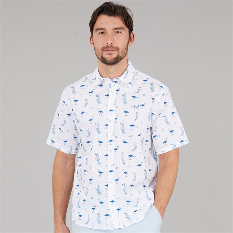 Crew Clothing Mens Short Sleeve Heron Print Linen Shirt Heritage White - Image 3
