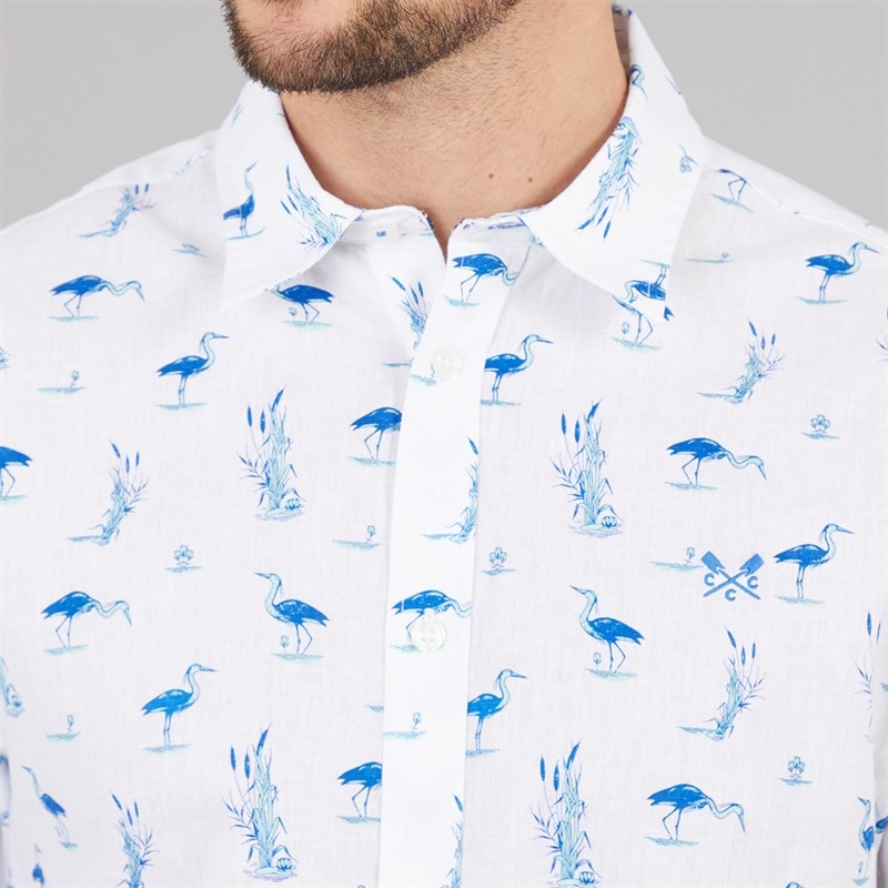 Crew Clothing Mens Short Sleeve Heron Print Linen Shirt Heritage White - Image 5