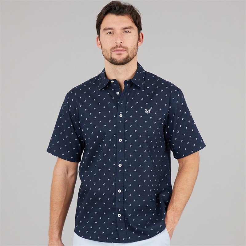 Crew Clothing Mens Short Sleeve Geo Print Linen Shirt Dark Navy