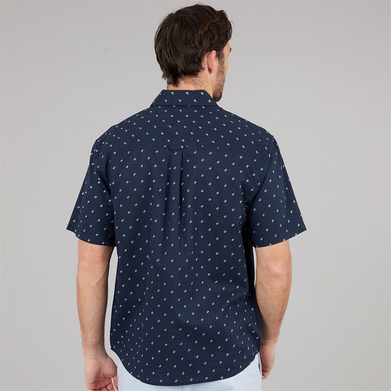 Crew Clothing Mens Short Sleeve Geo Print Linen Shirt Dark Navy - Image 2