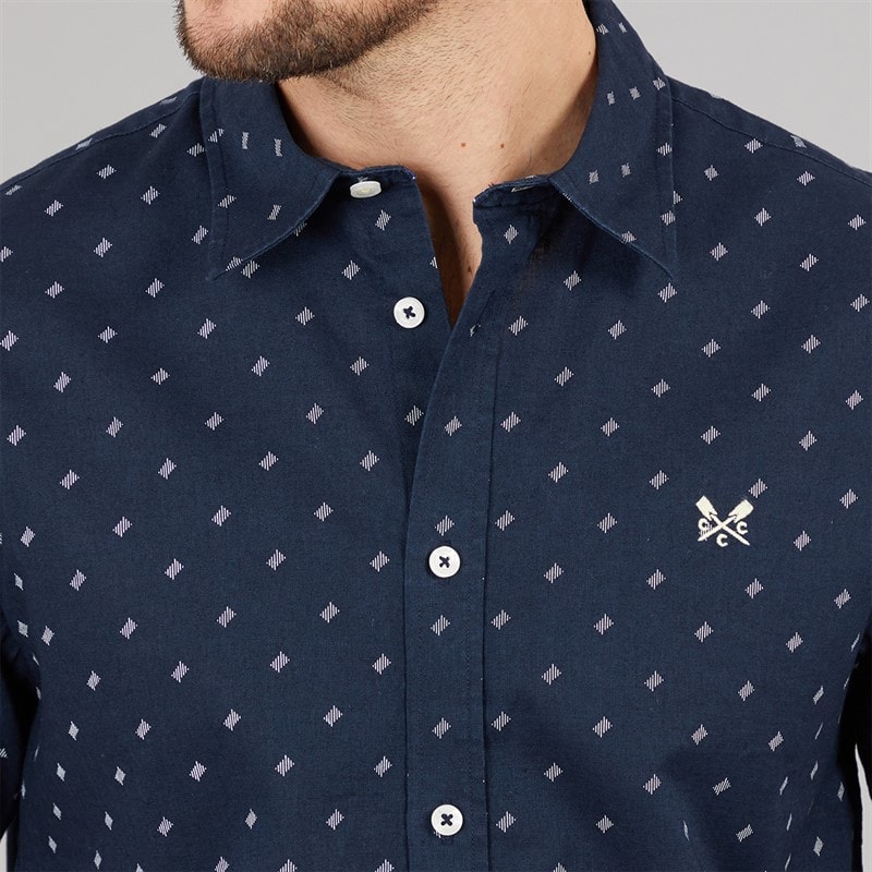 Crew Clothing Mens Short Sleeve Geo Print Linen Shirt Dark Navy - Image 3