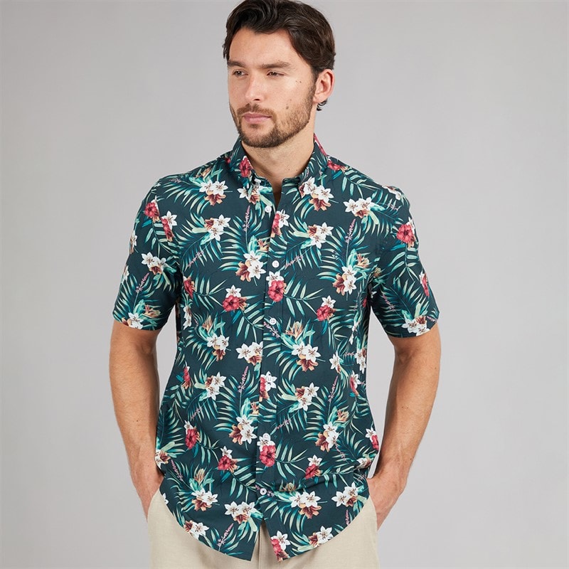 Crew Clothing Mens Short Sleeve Tropical Poplin Shirt Tropical Print Blue Base
