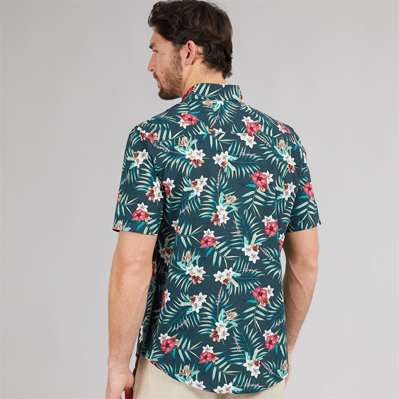 Crew Clothing Mens Short Sleeve Tropical Poplin Shirt Tropical Print Blue Base - Image 2