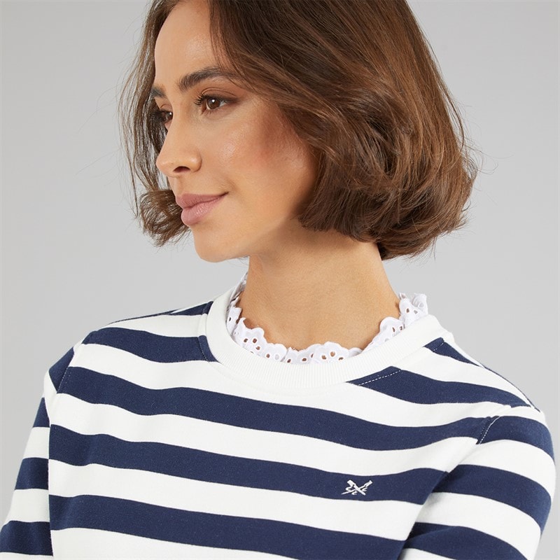Crew Clothing Womens Pie Crust Neck Striped Sweatshirt White Linen/Navy White Linen / Navy - Image 3