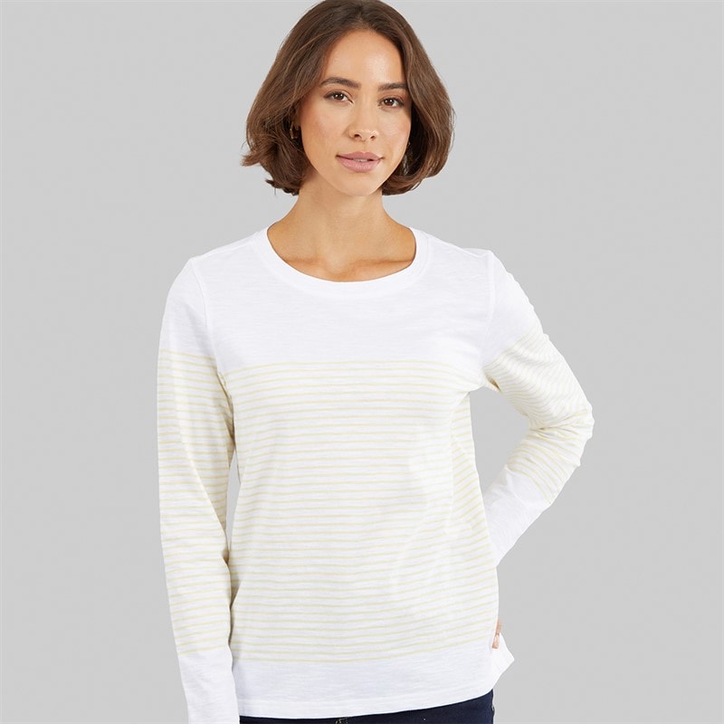 Crew Clothing Womens Cassie Stripe Button T-Shirt White/Pastel Yellow White / Pastel Yellow