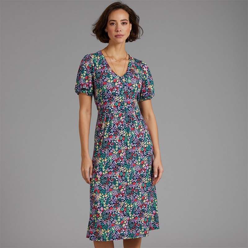 Crew Clothing Womens Kelly Short Sleeve Button Through Dress Cutwork Floral Print Navy
