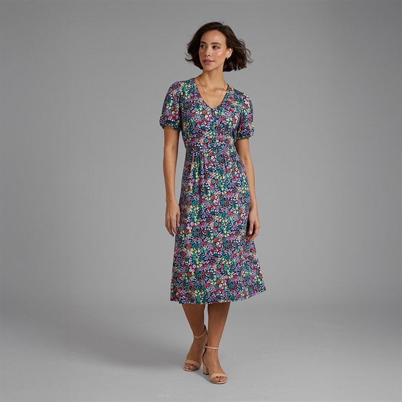 Crew Clothing Womens Kelly Short Sleeve Button Through Dress Cutwork Floral Print Navy - Image 4