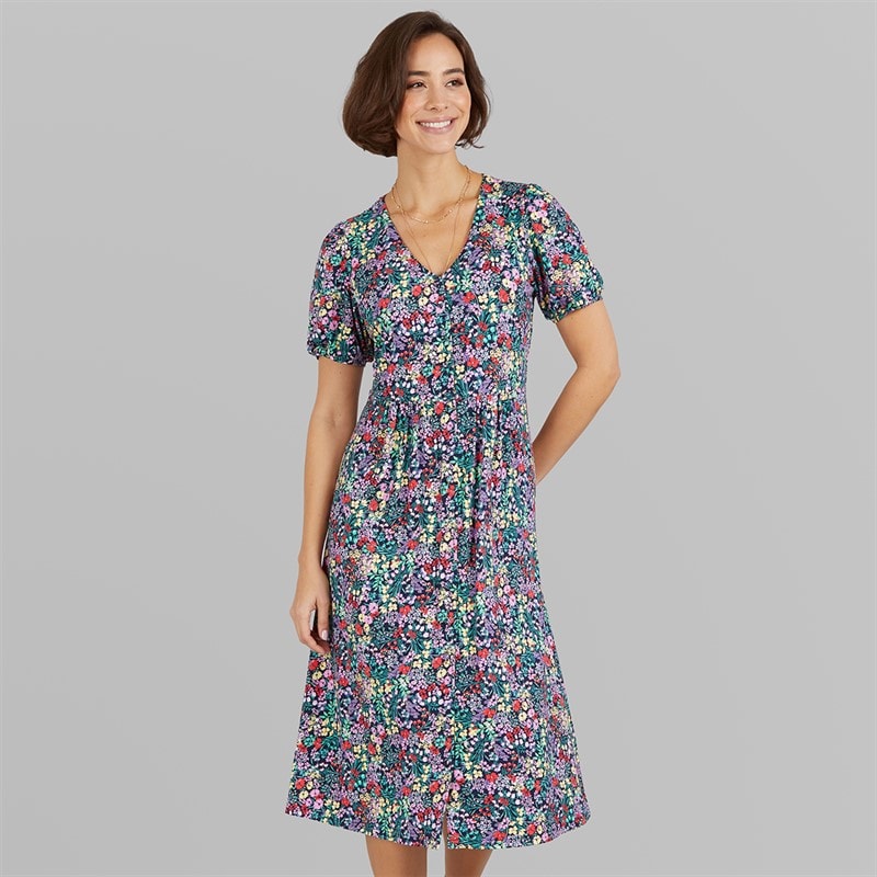 Crew Clothing Womens Kelly Short Sleeve Button Through Dress Cutwork Floral Print Navy - Image 5