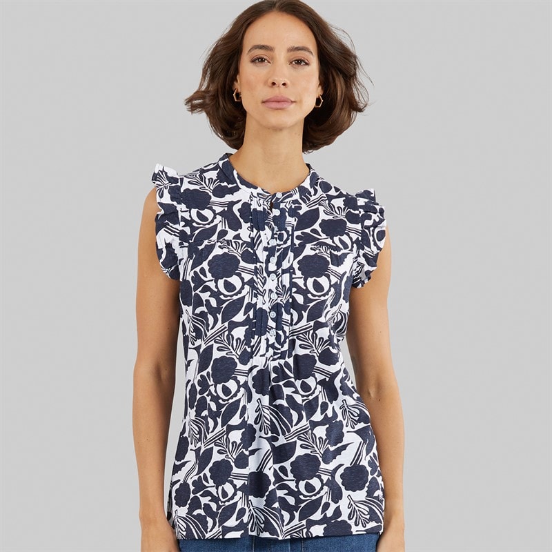 Crew Clothing Womens Sleeveless Frill Print Top Abstract Floral Navy/White