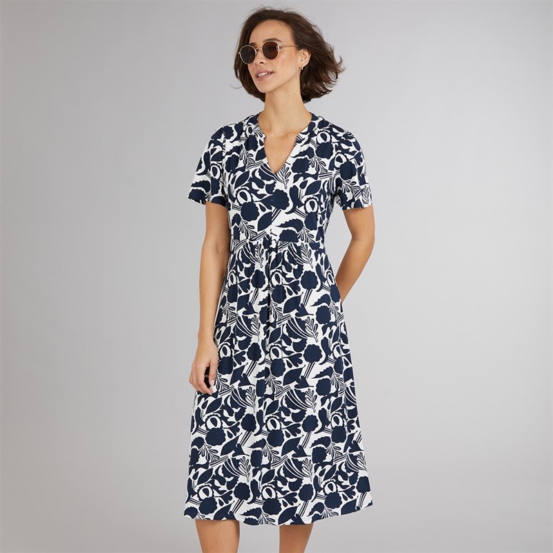 Crew Clothing Womens Emily Flutter Sleeve Jersey Dress Abstract Floral Navy/White