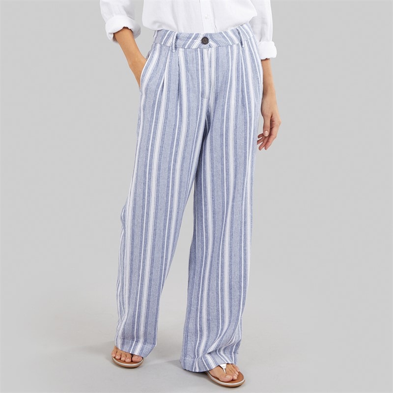 Crew Clothing Womens Wide Leg Linen Trousers Blue Indigo Stripe
