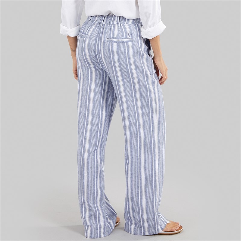 Crew Clothing Womens Wide Leg Linen Trousers Blue Indigo Stripe - Image 2