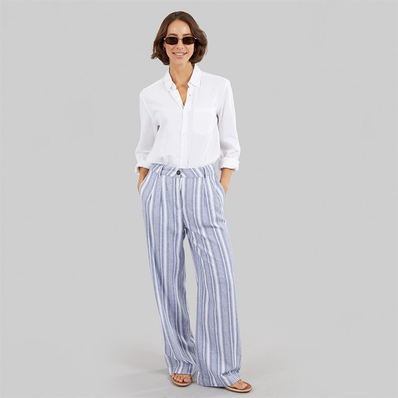 Crew Clothing Womens Wide Leg Linen Trousers Blue Indigo Stripe - Image 4