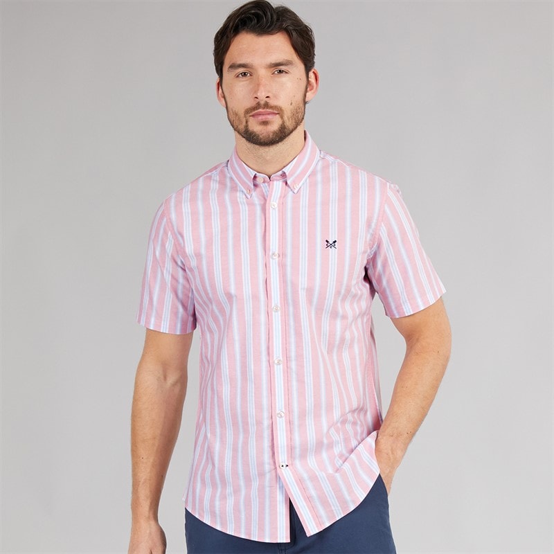 Crew Clothing Mens Short Sleeve Oxford Stripe Shirt Fox Glove/Blue Bell/Wasabi Fox Glove / Blue Bell / Wasabi