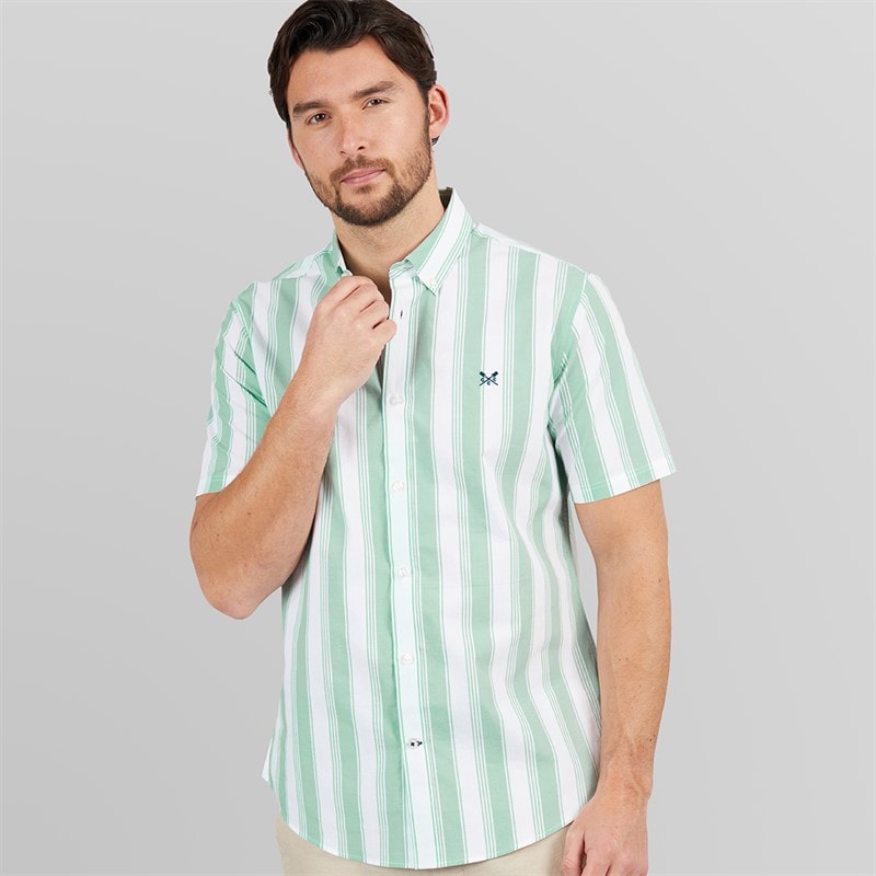 Crew Clothing Mens Short Sleeve Oxford Stripe Shirt Wasabi/White Wasabi / White