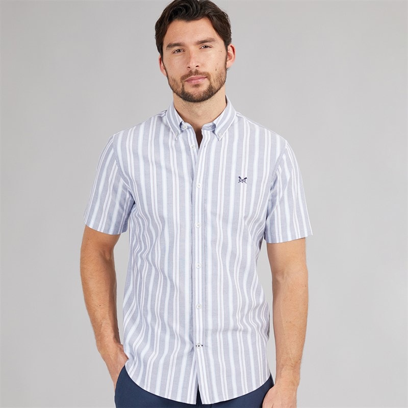 Crew Clothing Mens Short Sleeve Oxford Stripe Shirt Blue Indigo/Blue Bell/Purple Potion Blue Indigo / Blue Bell / Purple Potion