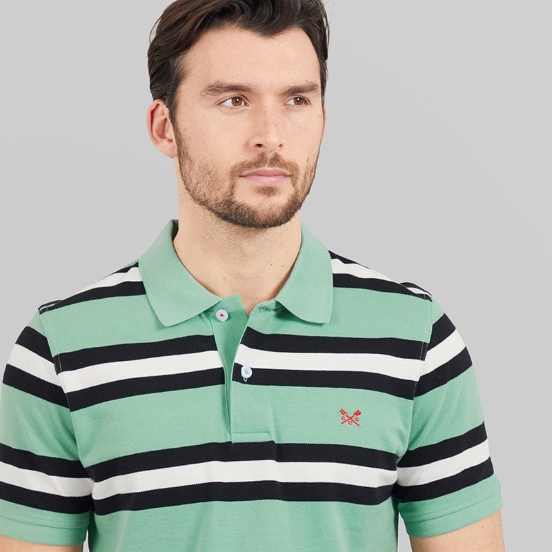 Crew Clothing Mens Stripe Polo Shirt Wasabi/Black/White Linen - Image 3