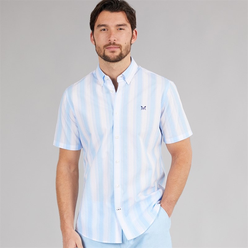 Crew Clothing Mens Short Sleeve Oxford Stripe Shirt Blue Bell/White Blue Bell / White