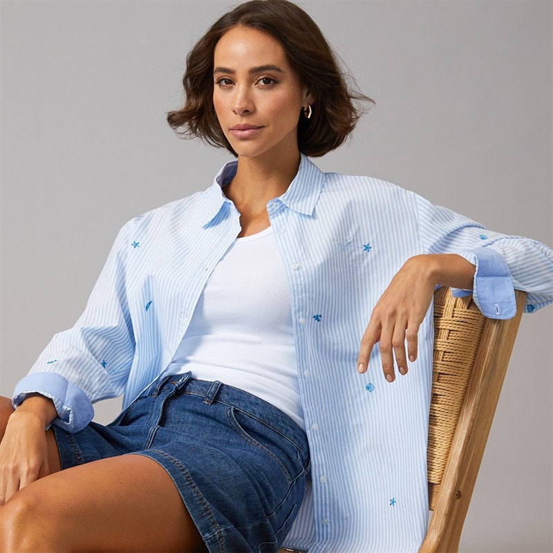 Crew Clothing Womens Relaxed Fit Shirt White Blue Shells