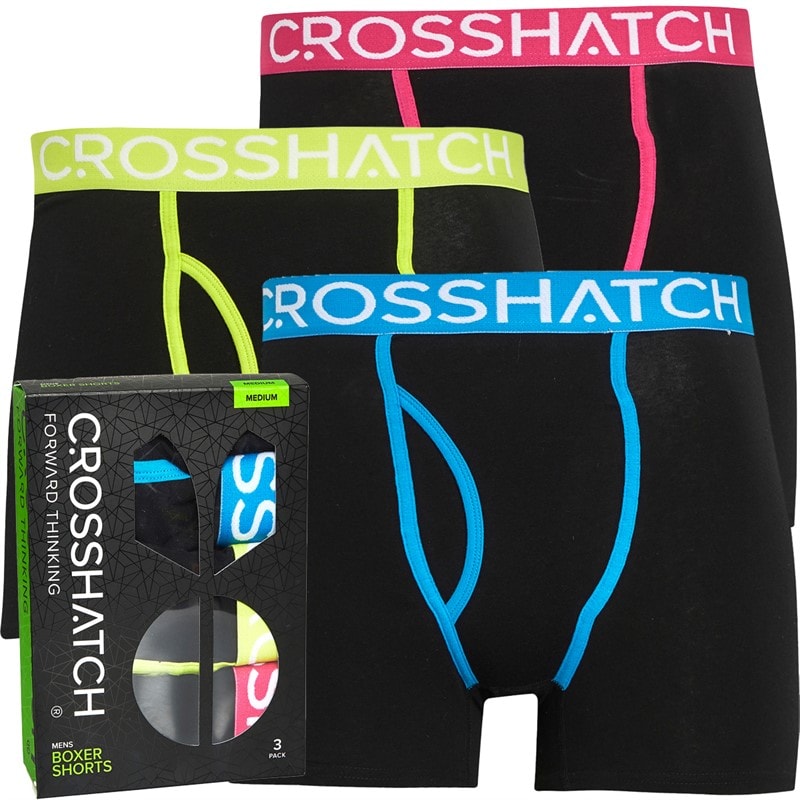 Crosshatch Mens Trioglow Three Pack Open Fly Boxers Shorts Black