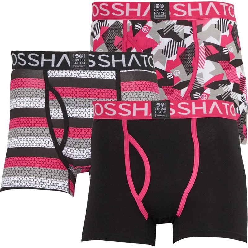 Crosshatch Mens Crystaline Three Pack Open Fly Boxers Shorts Fuchsia - Image 1