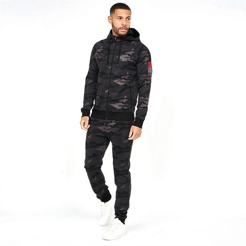 Crosshatch Mens Bricktown AOP Camo Tricot Tracksuit Black - Image 2