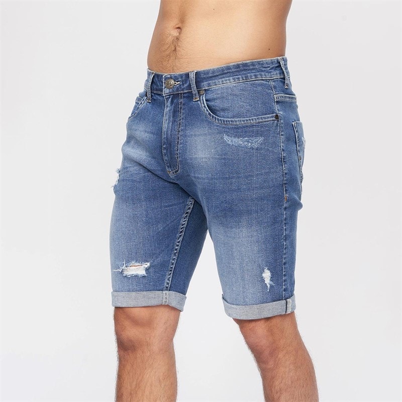 Crosshatch Mens Riptrey Scratch Detail Denim Shorts Mid Wash