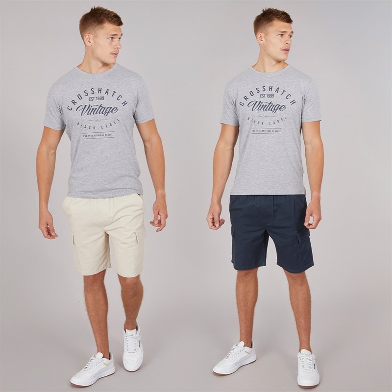 Crosshatch Mens Kathos Two Pack Cargo Shorts Navy/Stone - Image 4