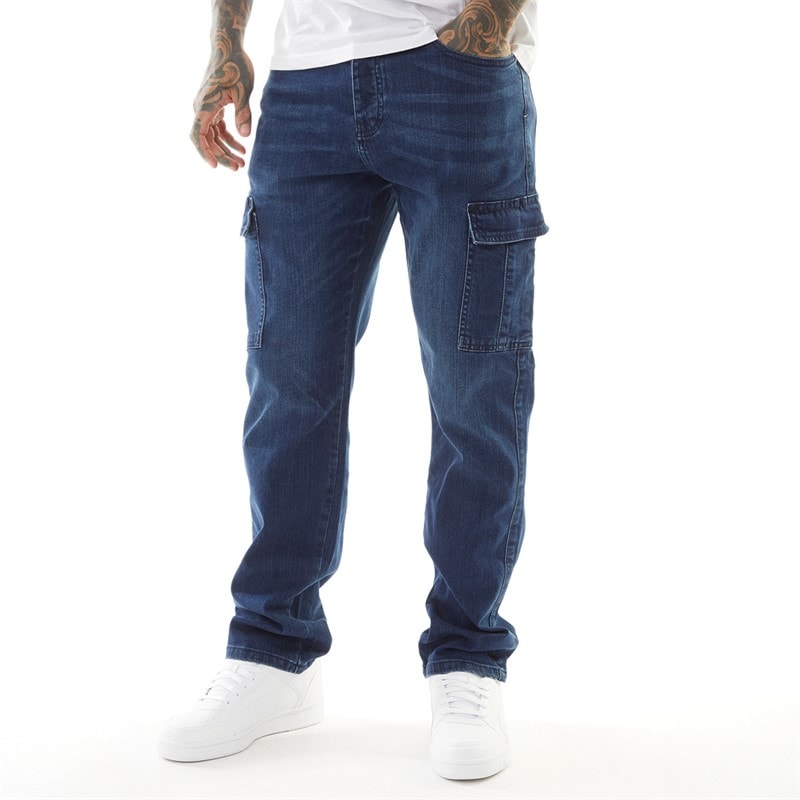 Crosshatch Mens Kremtap Tapered Cargo Jeans Dark Wash