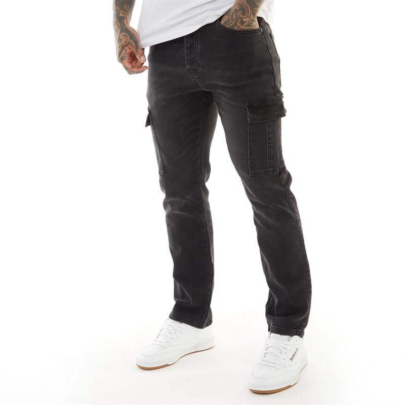 Crosshatch Mens Kremtap Tapered Cargo Jeans Washed Black