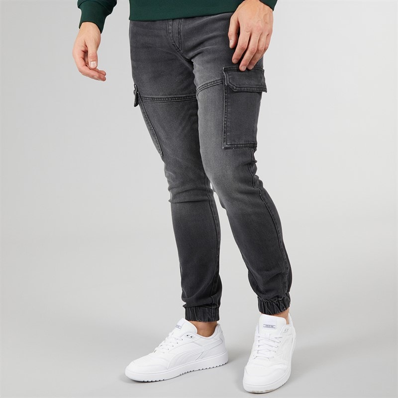 Crosshatch Mens Malimore Denim Cuffed Cargo Trousers Washed Black - Image 1