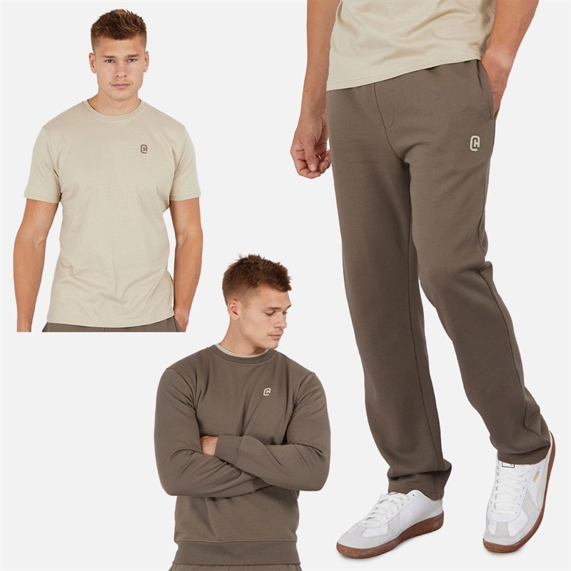 Crosshatch Mens Nebless Sweatshirt T-Shirt And Open Hem Joggers Set Mj Brown/Stone