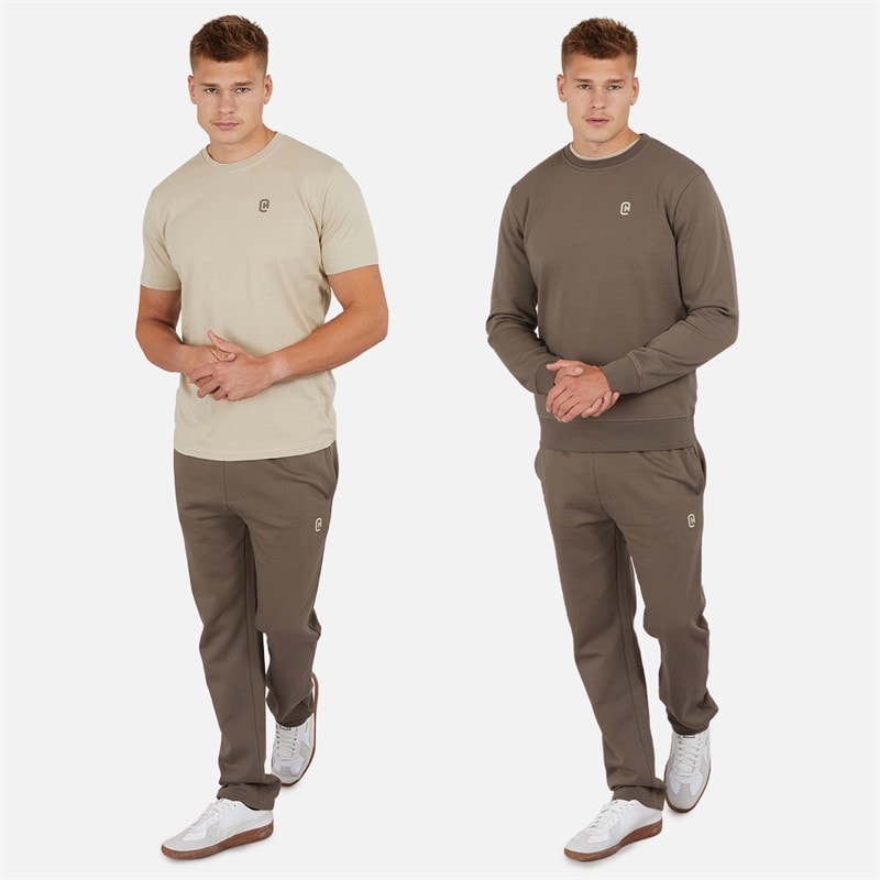 Crosshatch Mens Nebless Sweatshirt T-Shirt And Open Hem Joggers Set Mj Brown/Stone - Image 3
