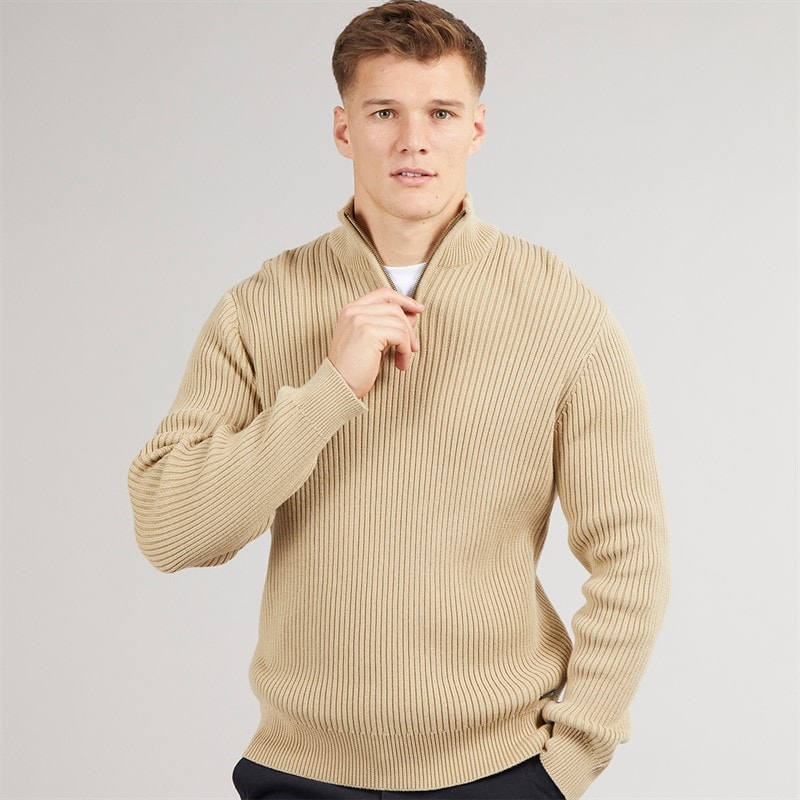 Crosshatch Mens Havaline 1/4 Zip Knitted Jumper Stone - Image 1