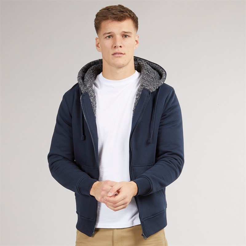 Crosshatch Mens Karter Sherpa Lined Hoodie Navy - Image 1