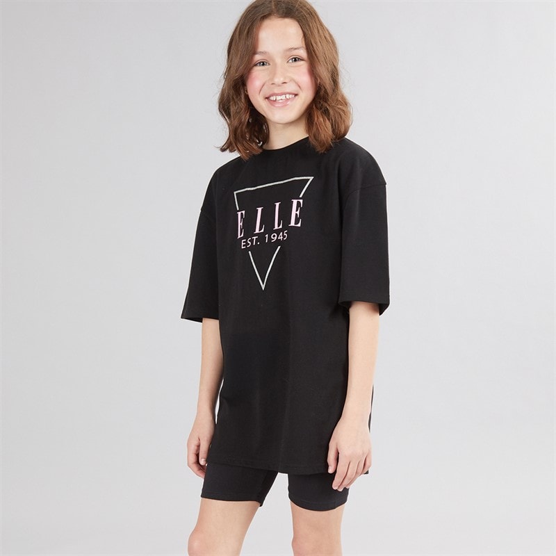 Elle Girls Triangle Logo Oversize T-Shirt And Cycling Shorts Set Black - Image 1