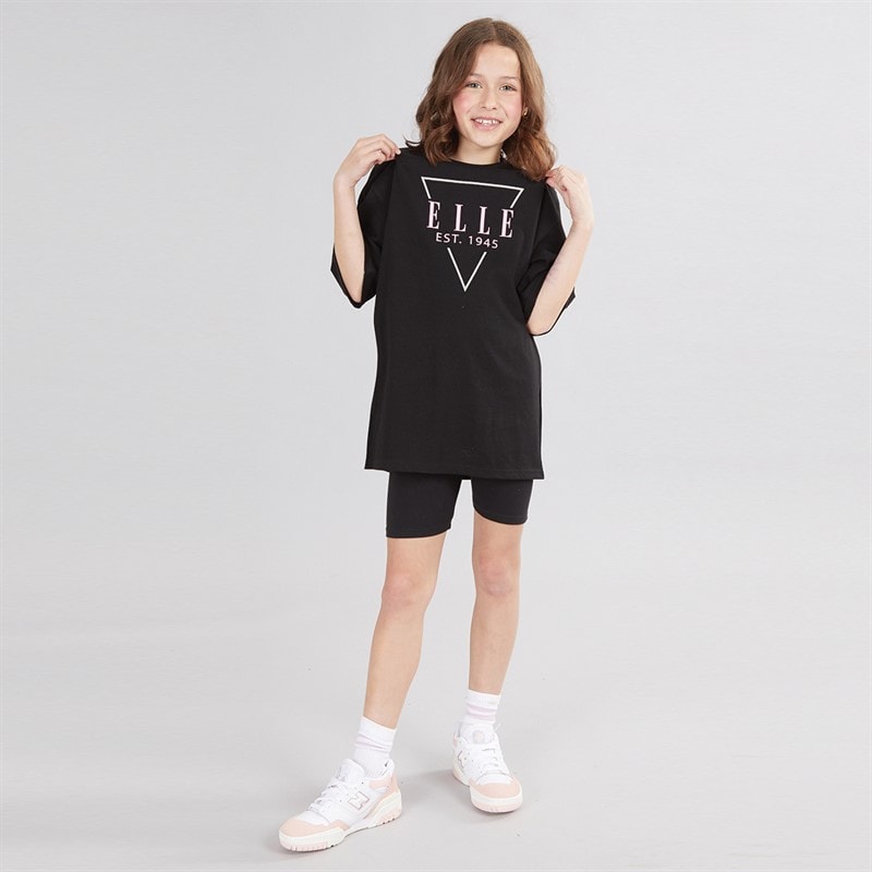 Elle Girls Triangle Logo Oversize T-Shirt And Cycling Shorts Set Black - Image 3