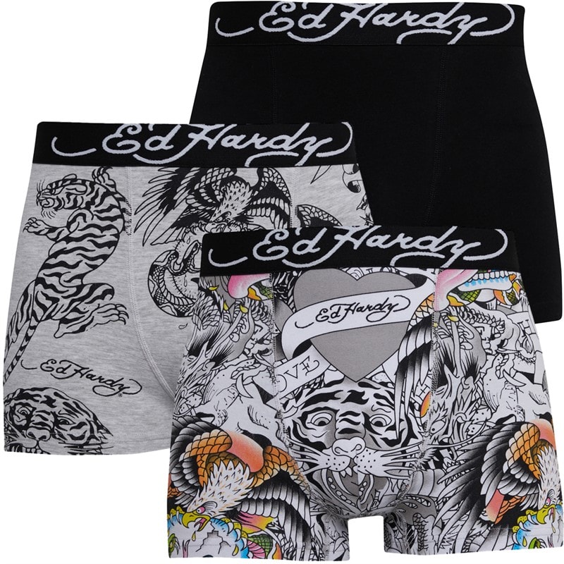 Ed Hardy Mens Nitro Three Pack Boxers White AOP/Grey Marl AOP/Black - Image 1