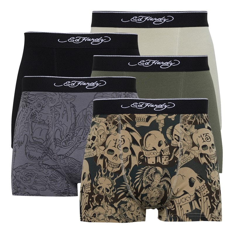 Ed Hardy Mens Arjin Five Pack Boxers Camo AOP/Black/Steel Grey AOP/Khaki/Stone - Image 1