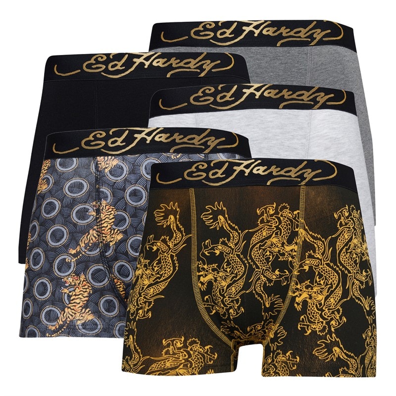Ed Hardy Mens Carno Five Pack Boxers Black AOP/Black/Black AOP/Grey Marl/Charcoal Marl - Image 1