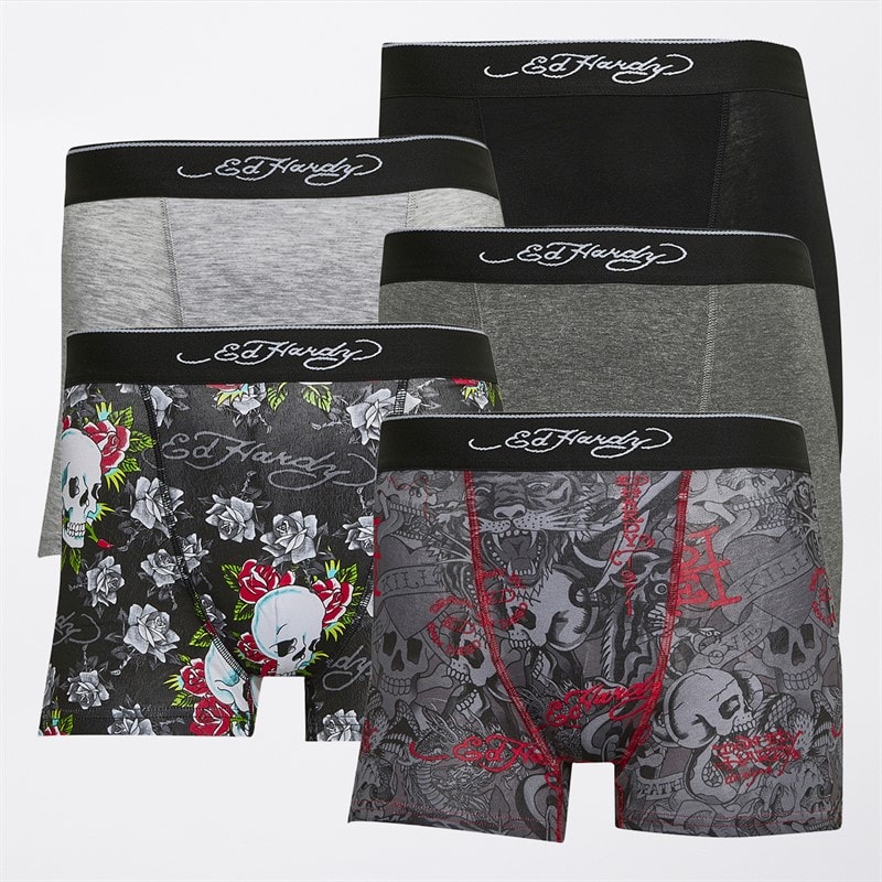 Ed Hardy Mens Ruperto Five Pack Boxers Black AOP/Charcoal Marl/Black AOP/Grey Marl/Black - Image 1