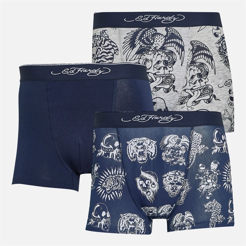 Ed Hardy Mens Asili Three Pack Boxers Navy AOP/Navy/Grey Marl AOP - Image 1