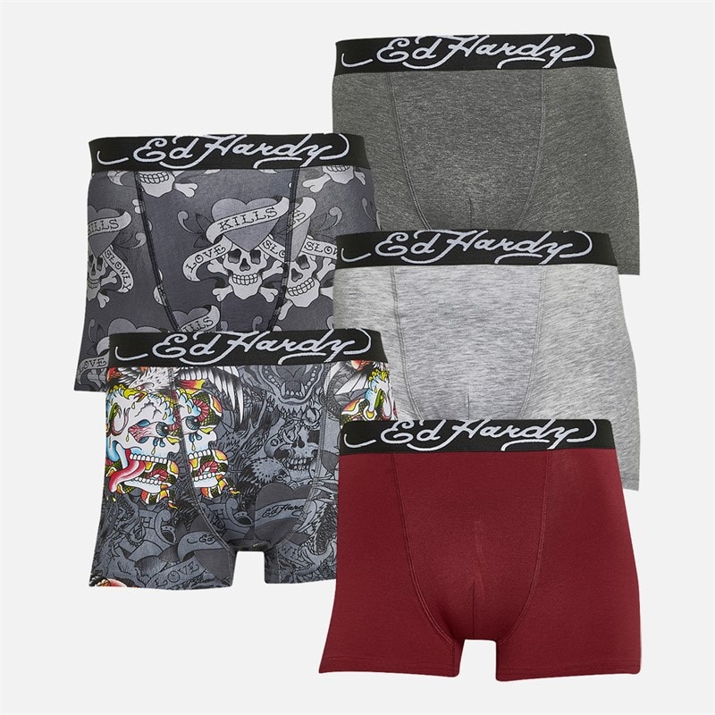 Ed Hardy Mens Gabor Five Pack Boxers Black AOP/Grey Marl/Black AOP/Burgundy/Charcoal Marl - Image 1