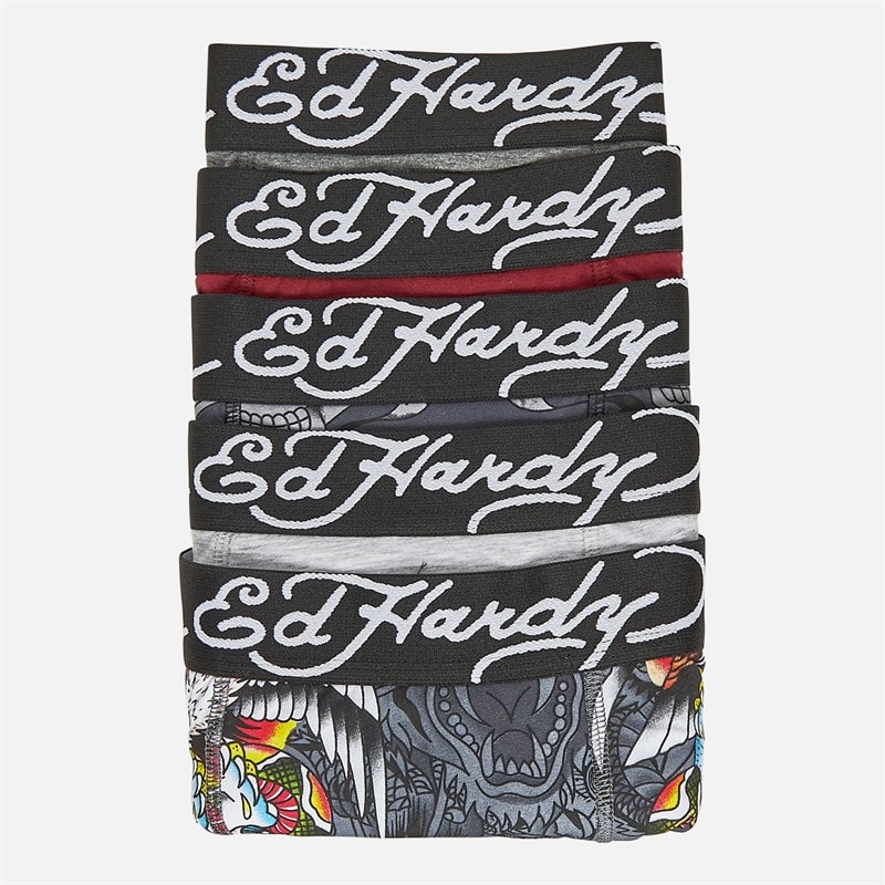 Ed Hardy Mens Gabor Five Pack Boxers Black AOP/Grey Marl/Black AOP/Burgundy/Charcoal Marl - Image 2